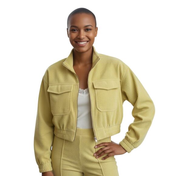 NEW Aerie X-Small Cropped Lime Green Ribbed Jacket Cotton Corduroy Zip Close - Picture 1 of 15